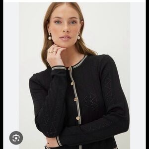 T Tahari Navy Blue Cardigan with White Trim